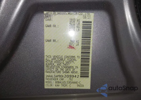 2014 Nissan Altima 2.5 Sv z USA, uszkodzony, nr VIN 1N4AL3AP9EN209942